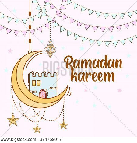 Ramadan Kareem Background With Hand Drawn Doodle Of Islamic Ornament, Mosque, Lantern, And Garlands.