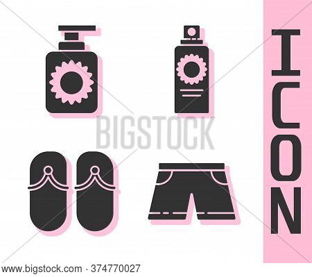 Set Swimming Trunks, Sunscreen Spray Bottle, Flip Flops And Sunscreen Spray Bottle Icon. Vector