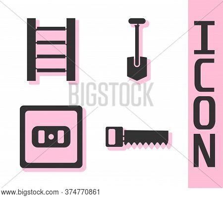 Set Hand Saw, Wooden Staircase, Electrical Outlet And Shovel Icon. Vector