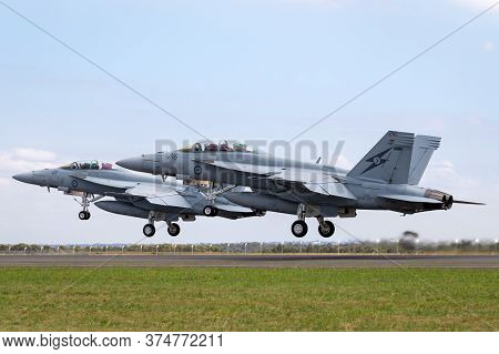 Avalon, Australia - February 25, 2015: Two Royal Australian Air Force (raaf) Boeing F/a-18f Super Ho