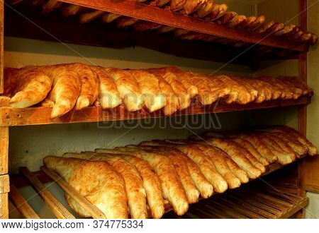 Traditional Georgian Bread Called Shotis Puri Or Shoti On The Wooden Lack Of A Local Bakery In Georg