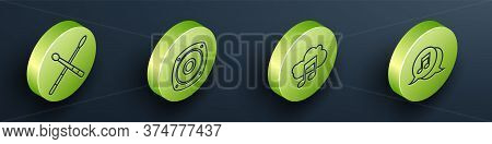 Set Isometric Drum Sticks, Stereo Speaker, Music Streaming Service And Musical Note In Speech Bubble