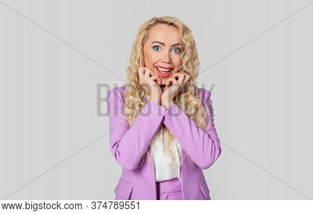 Impressed Admirable Caucasian Emotional Enthusiastic Woman Blonde, Open Mouth Surprised Panting Surp