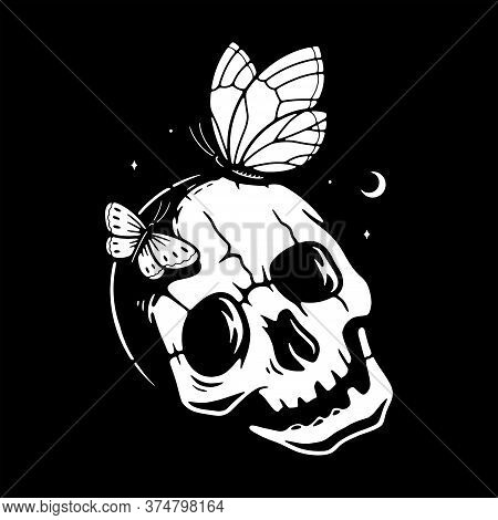 Skull With Butterflies Logo White Black Background