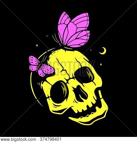 Yellow Skull With Pink Butterfly Black Background