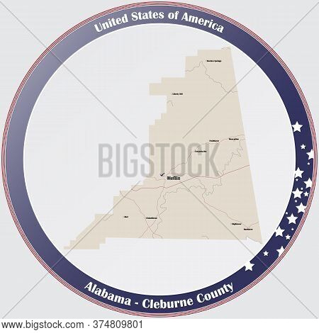 Round Button With Detailed Map Of Cleburne County In Alabama, Usa.