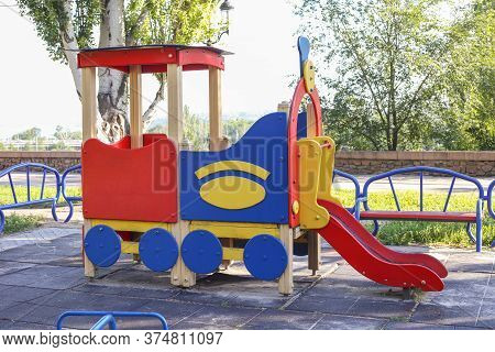 Playground Train. Colorful Playground Fun Red Day Ice Set Joy Kid Cold Baby Park Blue Play Game Slid