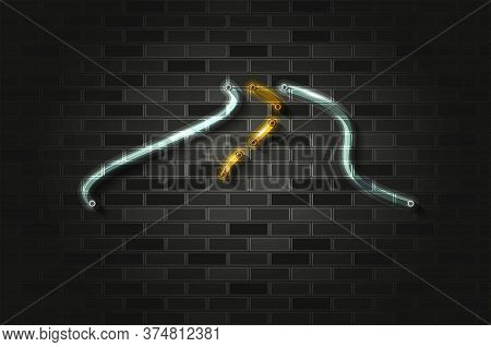 Curved Bent Road With Yellow Dividing Strip Neon Sign Or Glass Tube. Realistic Vector Illustration. 