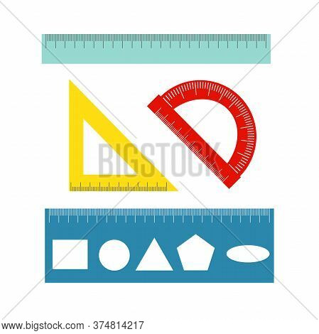 Set Of Measuring Tools Rulers, Triangles, Protractor. Vector School Instruments Isolated On White Ba