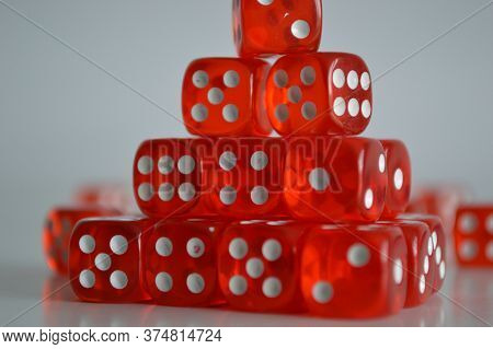 Pile Of Multiple Red Plastic Arcylic D6 Six Sided Die Dice Variable Focus