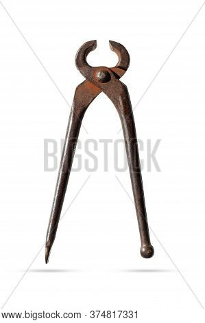 Old Rusty Tool To Remove Nails. Nail Clipper Isolated On A White Background