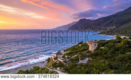 Aerial View Of Corsican Coast With Genoese Watch Tower On Cap Corse Near Farinol. Corsica, France.