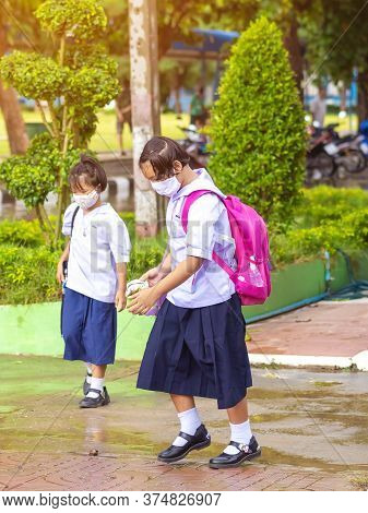 Kanchanaburi,thailand-july 2,2020:thai Students Wear Various Medical Masks To Prevent Themselves Fro