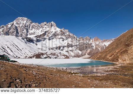 Amazing Blue Gokio Lake Under Ice And Snow, Nepal, Himalayas