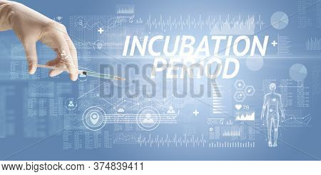 Syringe needle with virus vaccine and INCUBATION PERIOD inscription, antidote concept