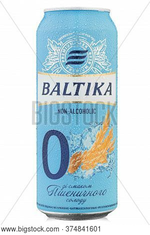 Ukraine, Kyiv - June 29. 2020: Aluminium Can Beer Baltika, Non Alcoholic 0,  On White Background. In