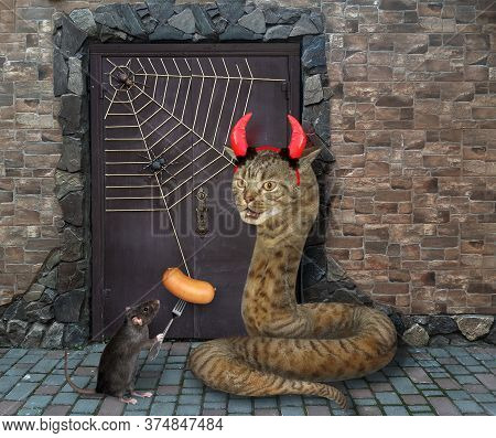 The Beige Cat Snake With Devil Horns And The Black Rat With A Sausage  On A Fork Are Guarding The Do