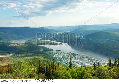 Panoramic View Of Dawson City And Yukon River From The Top Of Midnight Dome Mountain, Yukon Territor