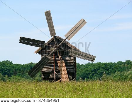 Old Wooden Windmill At The Pyrohiv Outdoor Museum Of Folk Architecture And Life Of Ukraine. Located 