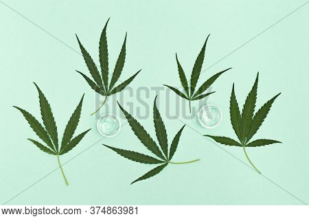 Jar With Transparent Cosmetic Product, Gel Or Cream With Cannabis Oil On Green Colored Background. F