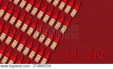 Banner With Creative Red Wine Bottle With Shadow, Wooden Corks Inside. Dark Background With Copy Spa