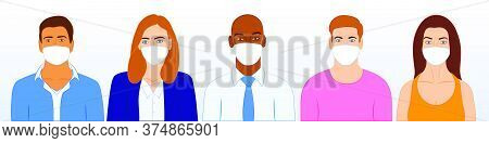 Group Of Different People Wearing Face Mask Against Corona Virus Pandemic For Virus Protection. Flat