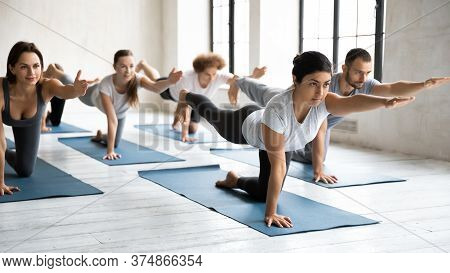 Active Multiracial People Doing Parsva Balasana Indoors.