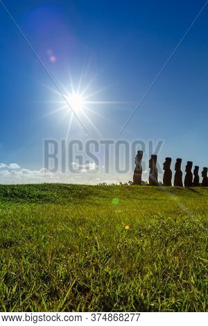 Seven Ahu Akivi Moai, Which Are The Only Moai To Face The Sea. Easter Island.