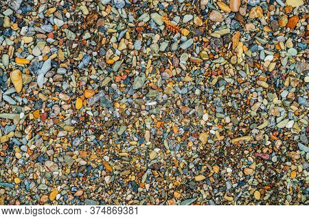 Vivid Nature Background With Many Small Stones Of Different Colors And Shades. Natural Multicolored 