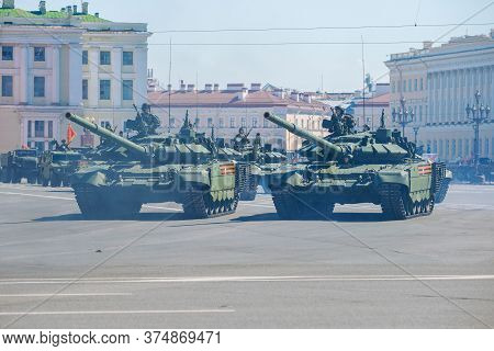 Saint Petersburg, Russia - June 24, 2020: Two Russian T-72b3 Tanks On The Military Parade In Honor O