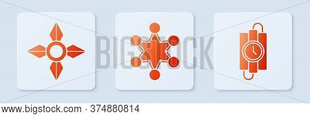 Set Police Badge, Japanese Ninja Shuriken And Dynamite Stick And Timer Clock. White Square Button. V