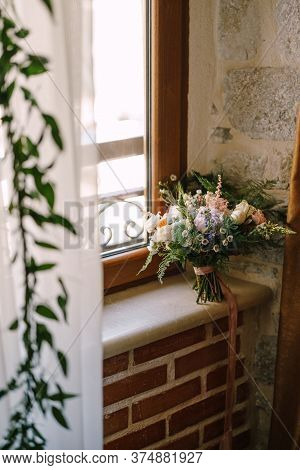 Bridal Bouquet Of Cream Roses, Pink Peonies, Eustoma, Waxflower, Astilbe, Limonium, Branches Of Euca