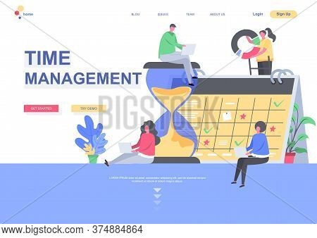 Time Management Flat Landing Page Template. Developers Team Planning Weekly Schedule Tasks On Calend