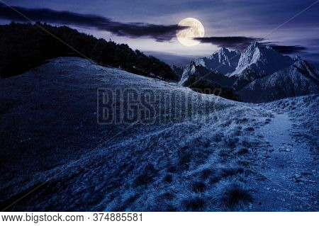 Composite Mountain Landscape At Night. Path Through Meadow. Distant Tatra Ridge In Full Moon Light. 