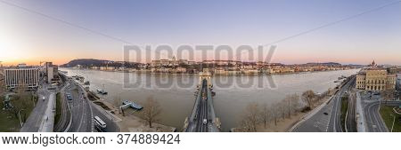 Panoramic Aerial Drone Shot Of Buda Castle On Buda Hill Before Budapest Sunrise