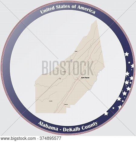 Round Button With Detailed Map Of Dekalb County In Alabama, Usa.