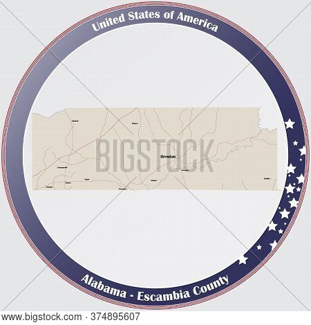 Round Button With Detailed Map Of Escambia County In Alabama, Usa.