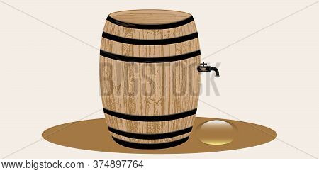Wooden Barrel With A Tap, A Beautiful Drop Of Wine - Illustration, Vector. Banner.
