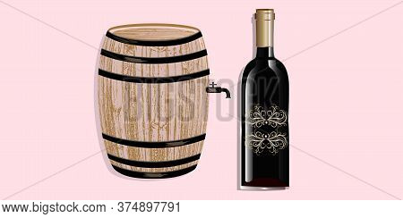 Bottle Of Red Wine, Vintage Ornament - Wooden Barrel With A Tap - Illustration, Vector. Banner.