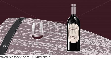 Bottle With A Label, Vintage Ornament, Transparent Glass With Wine, A Fragment Of A Wooden Barrel - 