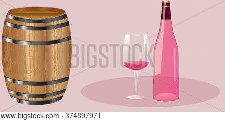 Crystal Glass, Bottle With Rose Wine, A Beautiful Barrel With A Hoop - Illustration, Vector. Banner.