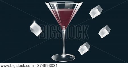 Crystal Glass With Rose Wine, Pieces Of Ice - Illustration, Vector. Banner.