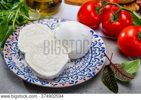 Fresh Handmade Soft Italian Cheese From Campania, White Balls Of Buffalo Mozzarella Cheese Made From