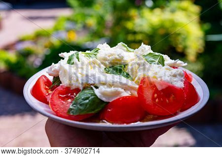 Ingredients For Vegetarian Caprese Salad, Buffalo Mozzarella Cheese, Fresh Basil, Tomatoes, Olive Oi