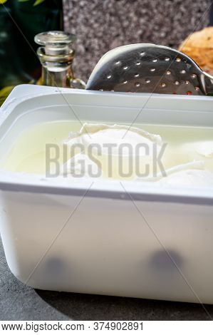 Cheese Shop, Fresh Handmade Soft Italian Cheese From Campania, White Balls Of Buffalo Mozzarella Che