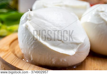 Fresh Handmade Soft Italian Cheese From Campania, White Balls Of Buffalo Mozzarella Cheese Made From