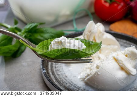 Eating Of Fresh Handmade Soft Italian Cheese From Puglia, White Balls Of Burrata Or Burratina Cheese