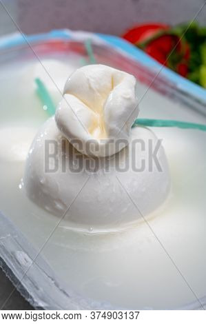 Fresh Handmade Soft Italian Cheese From Puglia, White Balls Of Burrata Or Burratina Cheese Made From