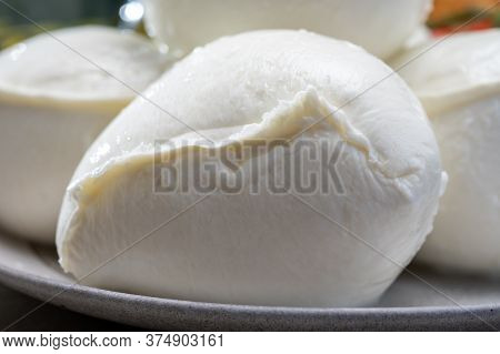 Fresh Handmade Soft Italian Cheese From Campania, White Balls Of Buffalo Mozzarella Cheese Made From