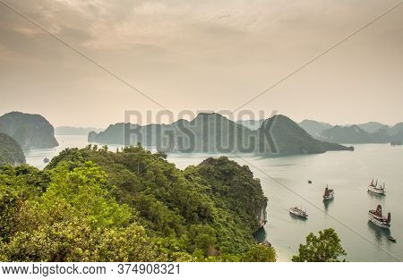 A Beautiful View Of The Islands Of The Unesco World Heritage Site Of Ha Long Bay, From High Up On A 